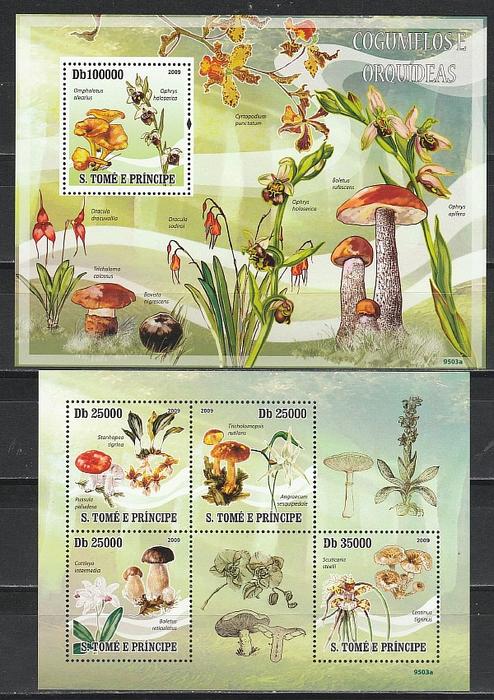 Грибы, Орхидеи, Сан-Томе и Принсипи 2009, малый лист + блок